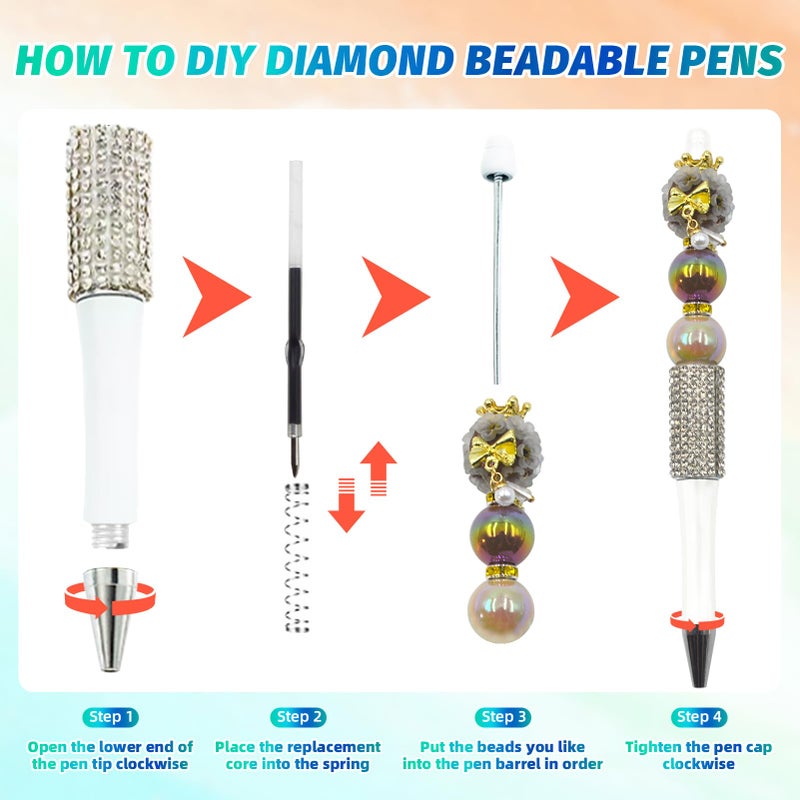 DASTTUIS 75 قطعة من مجموعة أقلام الماس القابلة للخرز DIY - 25 قلمًا بلاستيكيًا مطرزًا بحجر الراين مع عبوات وحقائب - أقلام لامعة رائعة للحرف اليدوية والطلاب والمعلمين - اللوازم المدرسية (أبيض) - Image 3